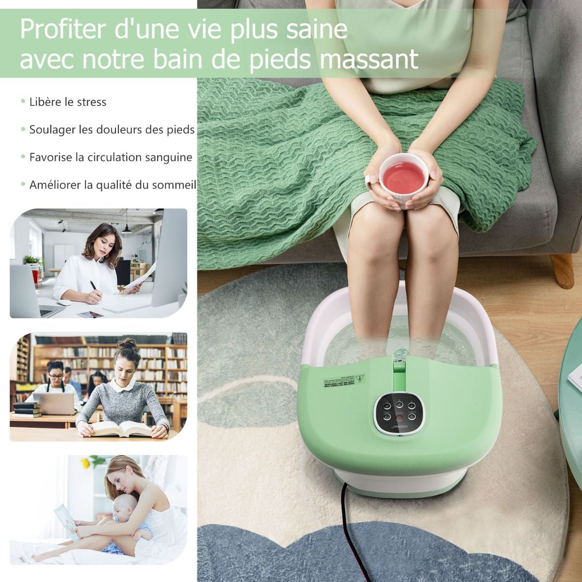 Bain de Pieds Massant Pliable avec Température Réglable et Télécommande - Détente Ultime au Rouleau en Vert/Bleu/Vert Foncé
