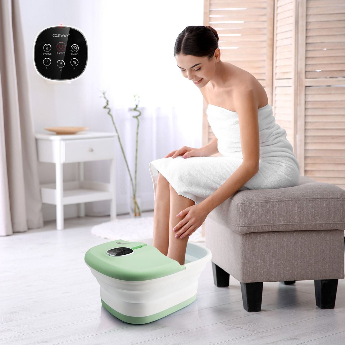 Bain de Pieds Massant Pliable avec Température Réglable et Télécommande - Détente Ultime au Rouleau en Vert/Bleu/Vert Foncé