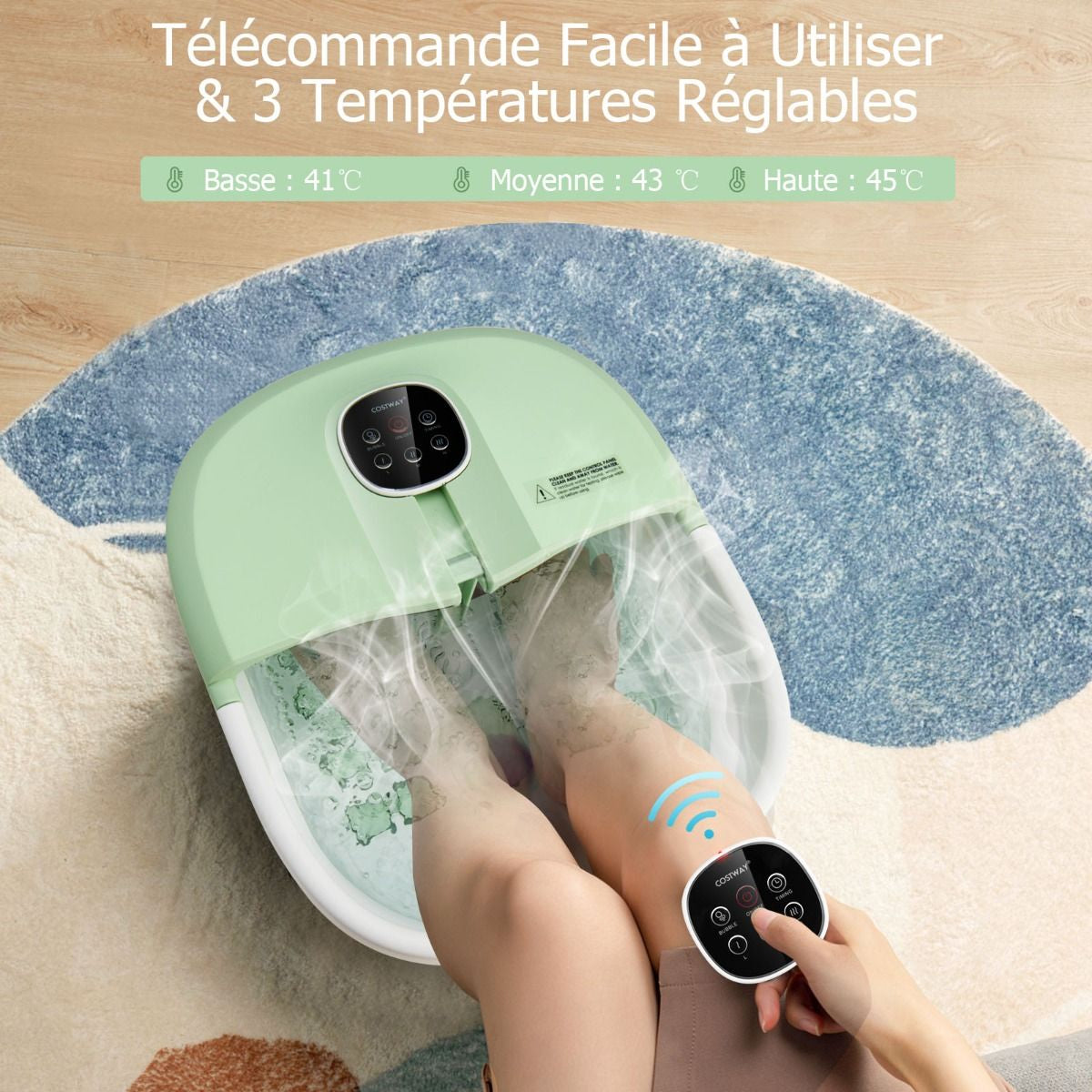 Bain de Pieds Massant Pliable avec Température Réglable et Télécommande - Détente Ultime au Rouleau en Vert/Bleu/Vert Foncé