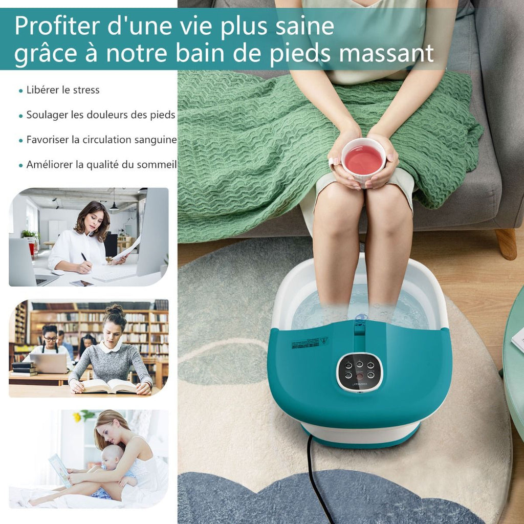 Bain de Pieds Massant Pliable avec Température Réglable et Télécommande - Détente Ultime au Rouleau en Vert/Bleu/Vert Foncé