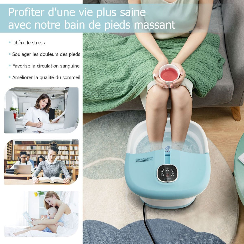Bain de Pieds Massant Pliable avec Température Réglable et Télécommande - Détente Ultime au Rouleau en Vert/Bleu/Vert Foncé