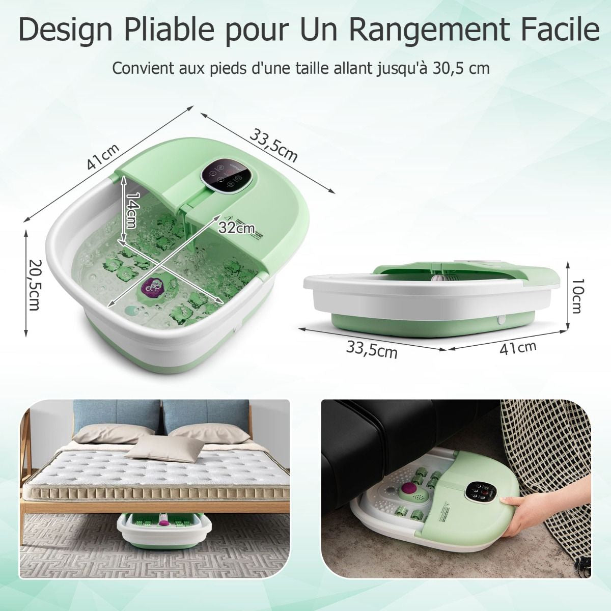 Bain de Pieds Massant Pliable avec Température Réglable et Télécommande - Détente Ultime au Rouleau en Vert/Bleu/Vert Foncé