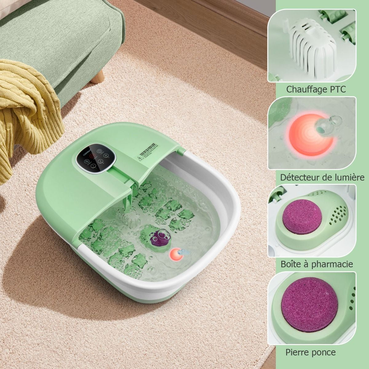 Bain de Pieds Massant Pliable avec Température Réglable et Télécommande - Détente Ultime au Rouleau en Vert/Bleu/Vert Foncé